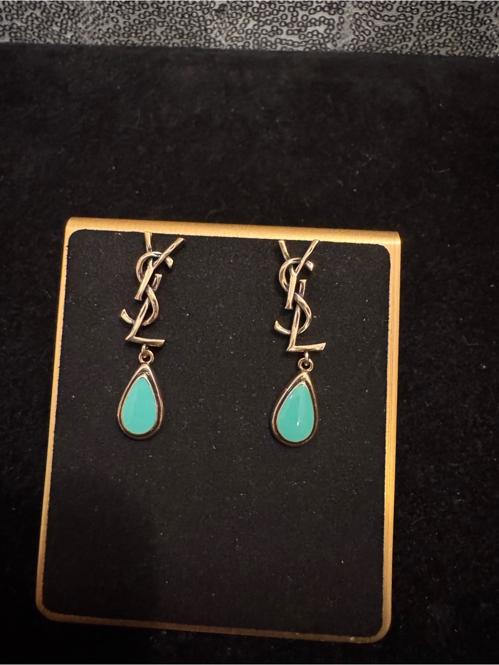 Saint Laurent Gold YSL Drop Earrings with Turquoise Teardrops